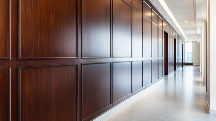 Sophisticated office wall with elegant paneling and soft lighting: A refined office space with sleek, dark wood paneling and warm ambient lighting, creating a luxurious and professional aesthetic,