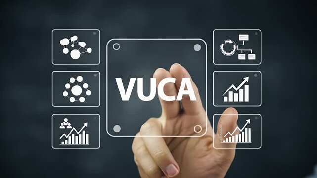 Hand Interacting with Virtual VuCA Interface on Dark Background Displaying Data Charts and Business Analytics in Modern Technology Concept