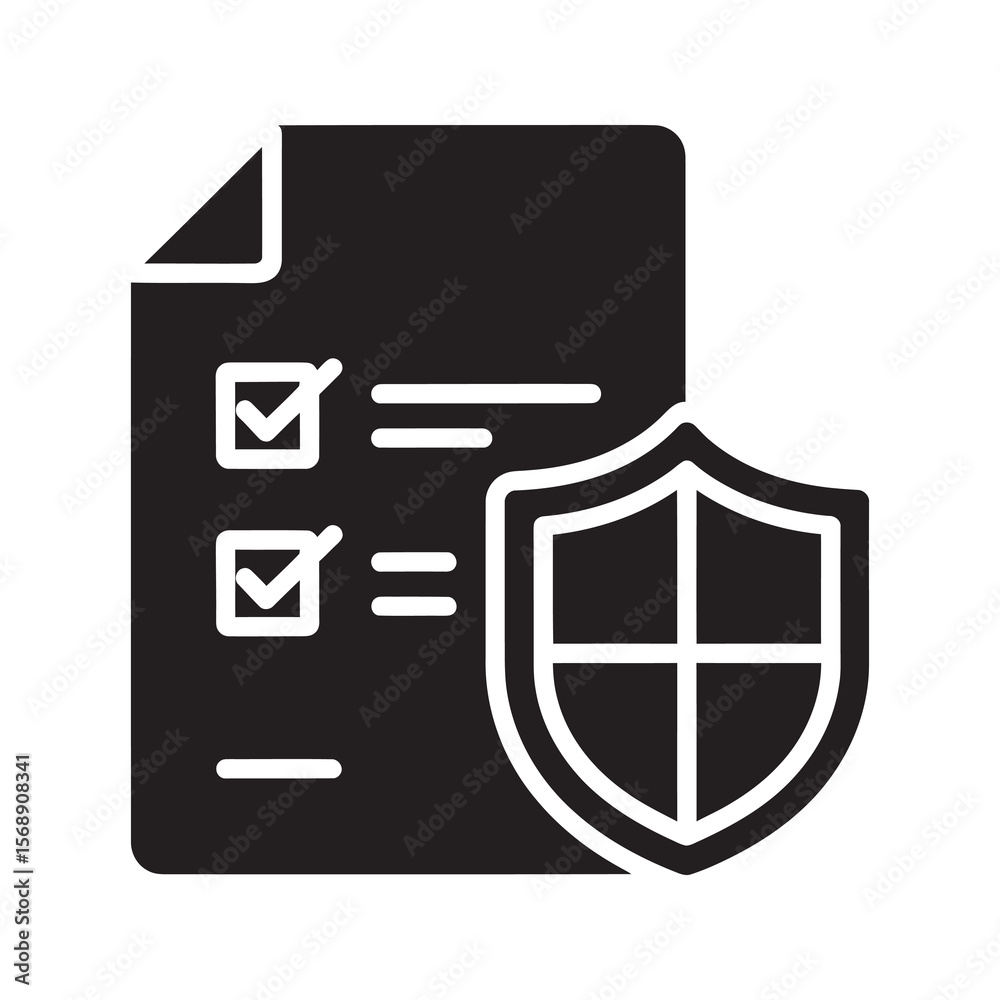 Poster security policy icon with checklist document and shield representing data protection privacy agreeme