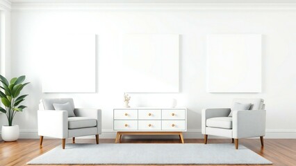 Fototapeta premium Minimalist living room with two armchairs and a white dresser