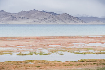 Rocky shore of Lake Karakul with blue water and mountain peaks in the background, cloudy weather...