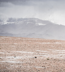 Panorama of mountain peaks with snow and glaciers, a landscape in the highlands of the Tien Shan in Pamir in cloudy weather with clouds and rain, high-mountain steppe and mountains in the background