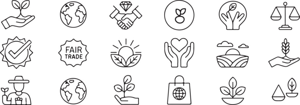 Fair Trade, Sustainability line icon set. Vector pictograms of ethical practices, eco-friendly initiatives, global responsibility, thin linear illustration.Vector icon set of fair trade .