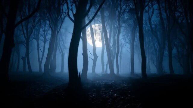 Misty, moonlit forest at night