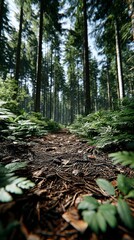A low angle view of a forest path covered in dry leaves and branches bordered by lush green ferns