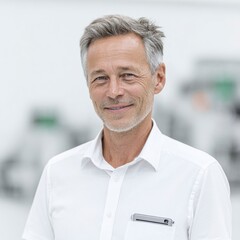 Mature man with gray hair and beard smiling wearing a white shirt with a phone in his chest pocket