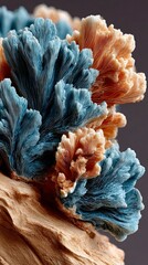 Close up of blue and tan coral like structures on wood with a dark background