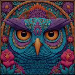 Intricately detailed owl portrait with vibrant floral and mandala patterns