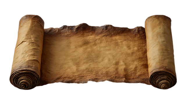 Ancient burnt edge scroll with rolled ends isolated on transparent background
