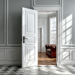 Open white paneled door revealing a classic interior with a leather sofa and large window