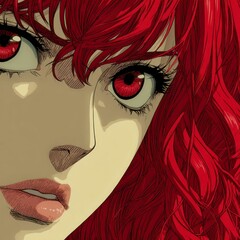 Detailed close up of anime woman's face with bright red hair and striking red eyes dramatic lighting