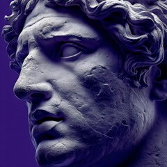 Detailed profile view of a classical stone sculpture of a male head against a solid purple background