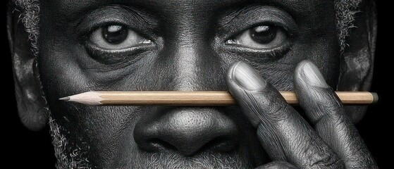 Extreme close up of an elderly man's face with a pencil across his nose