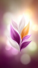 Abstract floral design with overlapping petals in purple white and gold against a blurred bokeh background