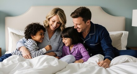 Happy Multiracial Family Enjoying Cozy Morning Together in Bed
