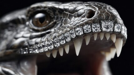 Detailed close up of a reptilian head with sharp teeth and a row of inset square cut diamonds
