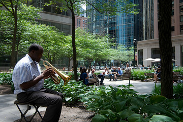 Trumpet player serenades a sunny urban park filled with relaxing