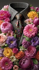 A man's suit jacket and tie adorned with a vibrant assortment of colorful flowers