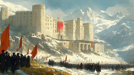 Majestic Fortress Under Siege in Snowy Mountains