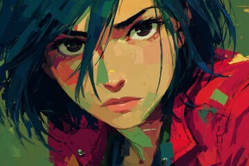 Close up portrait of a young woman with dark hair intense gaze wearing a red jacket stylized digital painting