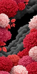 Vibrant chrysanthemums in shades of red and pink frame dark textured clouds on a black background