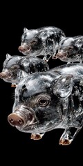 Several sparkling crystal pigs artfully arranged on a black background