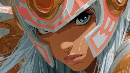 Close up portrait of an anime character wearing ornate headgear with detailed facial features and flowing white hair