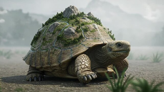 Giant tortoise with mountain landscape on its shell