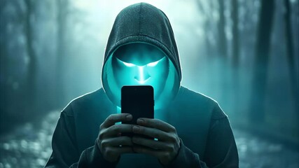 A mysterious figure wearing a hood holds a phone, with glowing eyes, surrounded by a dark, eerie forest.