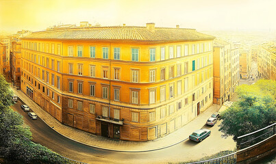 Yellow building on a city street corner high angle view