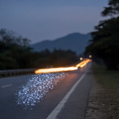 Streak of sparkling stardust and light trails on a dark highway at dusk