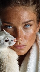 Young woman with blue eyes and freckles holding a white ferret animal pet