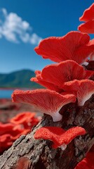 Vivid red oyster mushrooms growing on a tree trunk against a blue sky and distant landscape