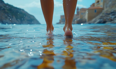 Barefoot woman walking on the beach coastal town in background