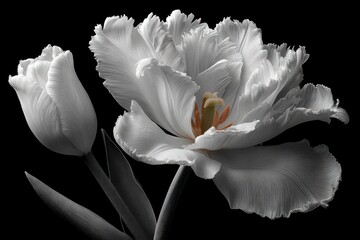 Close up monochrome view of two white parrot tulips against a black background