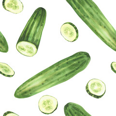 Cucumber with slices watercolor seamless pattern. Whole long green vegetable and sliced in circles. Clipart for market food packaging, kitchen textile. Isolated from background hand drawn illustration