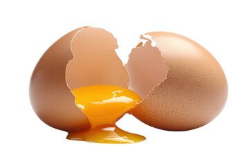 Broken egg with yolk spilling out, isolated on a white background showcasing its fragile shell and rich yellow interior