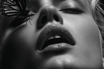 Close up extreme detail of a butterfly perched on a person's face black and white