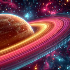 Ringed planet illuminated by nebulae and starlight in vibrant cosmic display