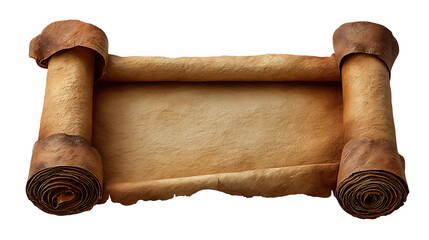 A vintage aged parchment scroll with rolled ends and a blank center for text isolated on transparent background