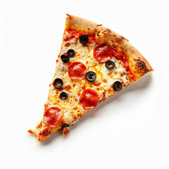 Delicious slice of pizza, featuring melted cheese and tomato sauce on a golden crust, isolated on a white background. AI generated