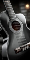 Close up view of a glossy black acoustic guitar with silver strings and intricate soundhole detailing