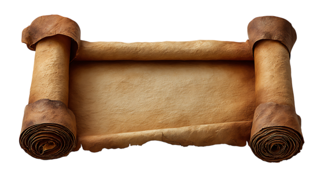 A vintage aged parchment scroll with rolled ends and a blank center for text isolated on transparent background