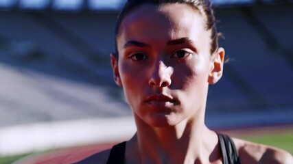Determined athlete running on sunlit track in outdoor stadium closeup