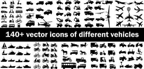 Vehicle silhouette icon set. Featuring car, truck, airplane, boat, bike, and more. 140+ mega collection of transport vector icons in solid black on white background