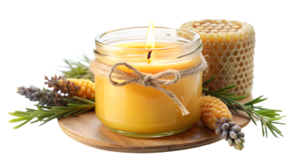 A burning beeswax candle sits on a wooden tray with lavender, rosemary, and corn, next to a piece of honeycomb