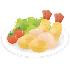 エビフライのイラスト（レタス・プチトマト添え／手描き風・背景透過）