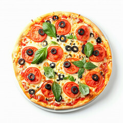 Fresh vegetarian pizza with tomatoes, olives, mushrooms, and basil, presented whole on a white background. AI generated