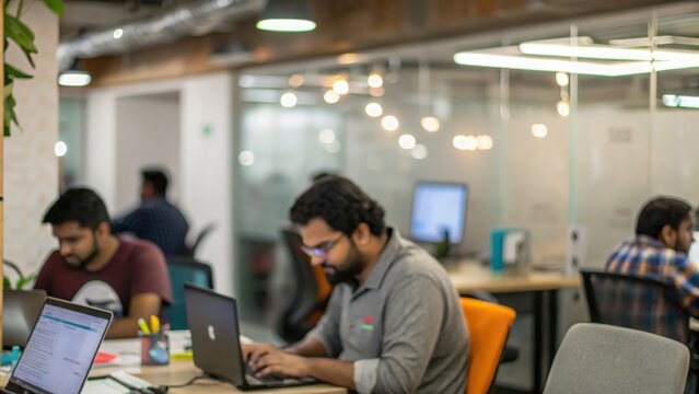 Blurred background of Indian startup team working late in modern office

