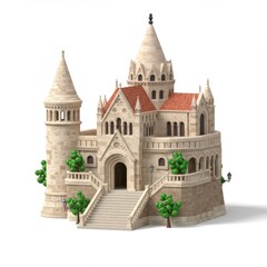 Obraz premium Fantasy Castle with Turrets and Green Trees on White Background